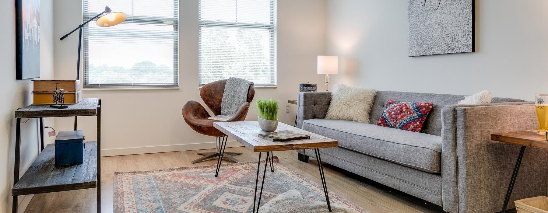 a living room with a couch and a coffee table